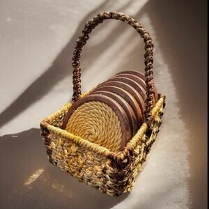 Vintage Woven Coaster Set with Basket – Wooden Coasters with Rope Inlay – 1970s